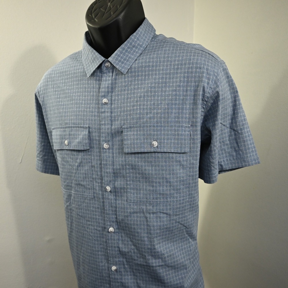Prana Button Down Mens Large Blue Gray Plaid Vented Hiking Shirt